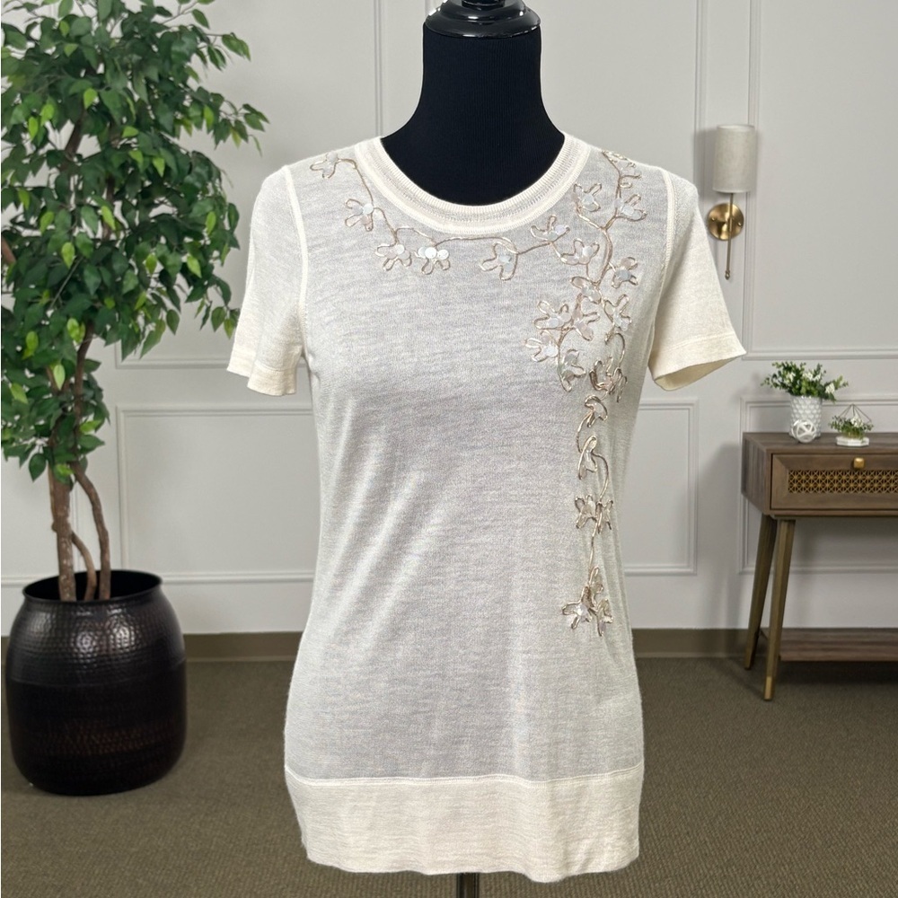 Elegant Cream Floral Embroidered Women's Top Eli Tahari Small NWT